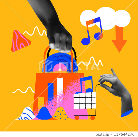 Music store business concept and human hand retro collage vector illustration 117644176