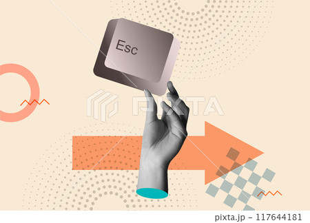 Escape key in human hands in retro collage vector illustration 117644181