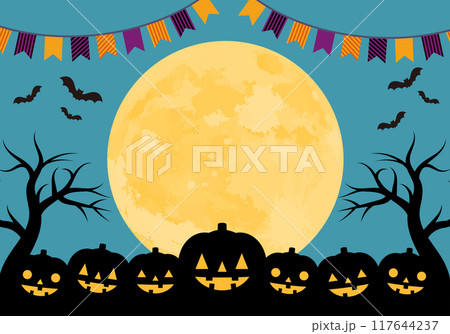 ハロウィンフレームかぼちゃと月背景15青 117644237