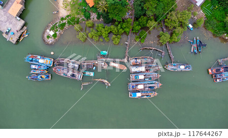Aerial view of fishing village and gulf at Pak Nam Sichon, estuary area in Chumphon Province, Thailand. 117644267