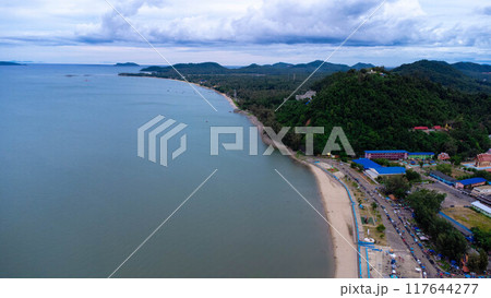 Beautiful view of tropical sea with white sand beach in clear blue sky Prachuap Khiri Khan, Thailand. Beautiful view of tropical sea with white sand beach in clear blue sky Prachuap Khiri Khan, Thailand. 117644277
