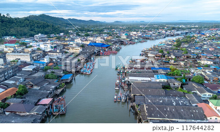 Aerial view of fishing village and gulf at Pak Nam Sichon, estuary area in Chumphon Province, Thailand. 117644282