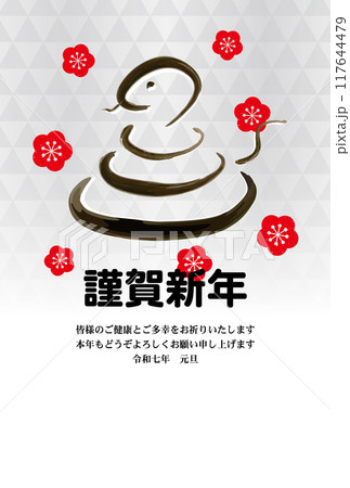 巳年のベクター年賀状、ヘビの水墨画と梅の花、銀の鱗模様のデザイン 巳年のベクター年賀状、ヘビの水墨画と梅の花、銀の鱗模様のデザイン 117644479