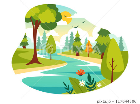 Vector Illustration of a River Landscape with Mountain Views, Green Fields, Trees, and Forests Surrounding the Rivers in a Flat Cartoon Background 117644506