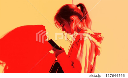 スマホを見るポニーテールの若い女性 117644566