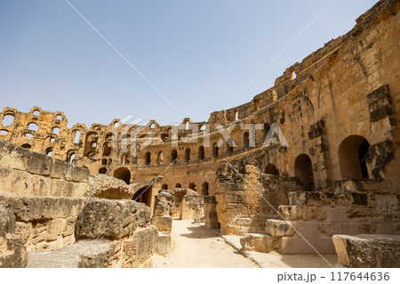 Preserved El Jem Amphitheatre in Tunisia showcasing Roman architecture 117644636