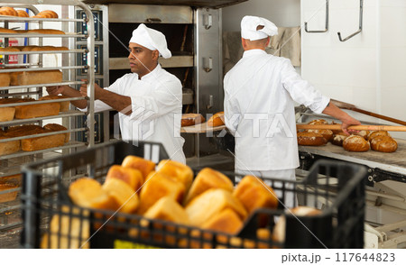 Man baker transporting a cart with bread in bakery Man baker transporting a cart with bread in bakery 117644823