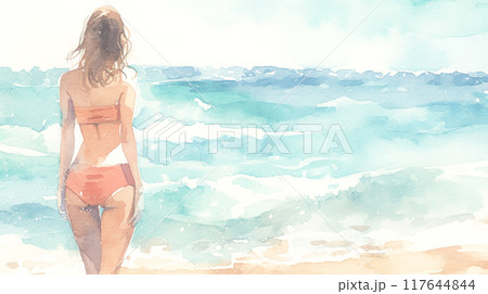 砂浜に1人で佇む水着の女性の後ろ姿の水彩イラスト 117644844