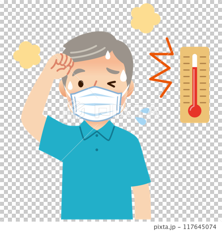 Elderly people sweating while wearing masks, mask heat stroke, high temperature 117645074