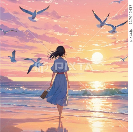 砂浜で夕日を見ている女性 砂浜で夕日を見ている女性 117645457