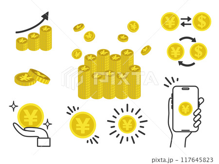 日本円のコインの挿絵イラストバリエーション　貯まる、増える、換金、手軽などのイメージ 117645823