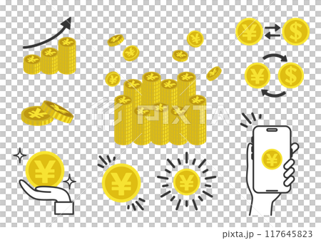 日本円のコインの挿絵イラストバリエーション　貯まる、増える、換金、手軽などのイメージ 117645823