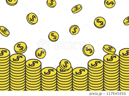 降ってくるドル硬貨ときれいに積み上がったコインのベクターイラスト 降ってくるドル硬貨ときれいに積み上がったコインのベクターイラスト 117645850