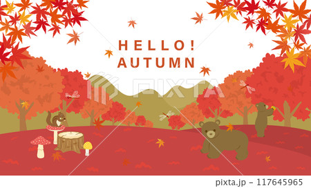 秋の動物たちがいる森の風景（フルHD 16:9サイズ） 117645965