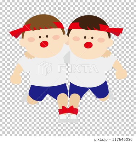 二人三脚をしている鉢巻の子どもたち 117646056