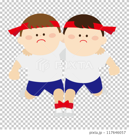 Children wearing headbands doing the three-legged race 117646057