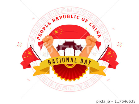 National Day of the People's Republic of China Vector Illustration for October 1st featuring a Waving Flag and Asian Elements in a Flat Red Background National Day of the People's Republic of China Vector Illustration for October 1st featuring a Waving Flag and Asian Elements in a Flat Red Background 117646635