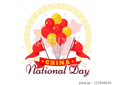 National Day of the People's Republic of China Vector Illustration for October 1st featuring a Waving Flag and Asian Elements in a Flat Red Background 117646639