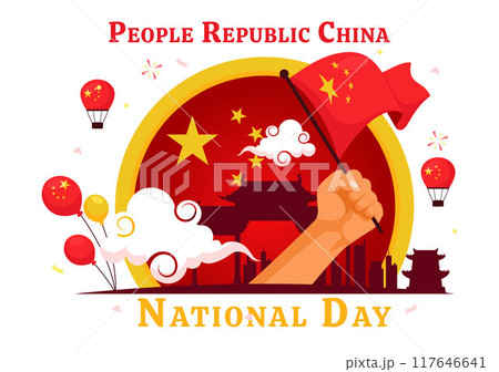 National Day of the People's Republic of China Vector Illustration for October 1st featuring a Waving Flag and Asian Elements in a Flat Red Background National Day of the People's Republic of China Vector Illustration for October 1st featuring a Waving Flag and Asian Elements in a Flat Red Background 117646641