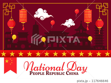 National Day of the People's Republic of China Vector Illustration for October 1st featuring a Waving Flag and Asian Elements in a Flat Red Background National Day of the People's Republic of China Vector Illustration for October 1st featuring a Waving Flag and Asian Elements in a Flat Red Background 117646646