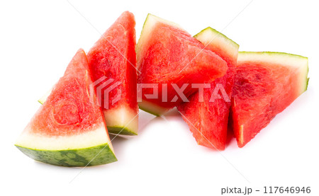 Watermelon and watermelon pieces isolated on a white background Watermelon and watermelon pieces isolated on a white background 117646946