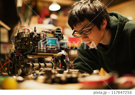 A man focuses intently on building a robot in his workshop 117647258