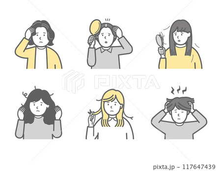さまざまな髪の悩みのイラストセット さまざまな髪の悩みのイラストセット 117647439