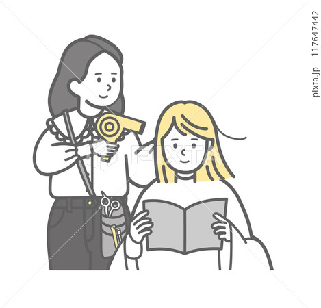 ヘアサロンで雑誌を読みながら美容師に髪を乾かしてもらう女性のイラスト 117647442