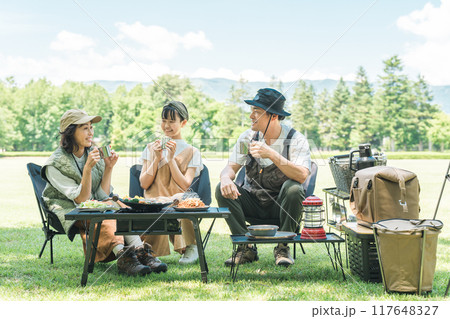 公園・キャンプ場でデイキャンプ・キャンプ・バーベキューを楽しむ仲良しのファミリー 117648327