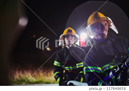 Firefighters using a water hose to eliminate a fire hazard. Team of female and male firemen in dangerous rescue mission. Firefighters using a water hose to eliminate a fire hazard. Team of female and male firemen in dangerous rescue mission. 117648658