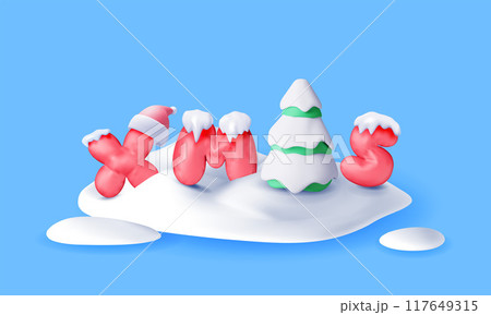 3D Christmas tree in snow, red balloon xmas word 117649315