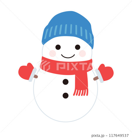 マフラーと帽子をかぶった雪だるまのイラスト マフラーと帽子をかぶった雪だるまのイラスト 117649537