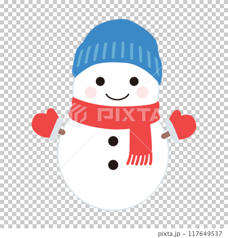 マフラーと帽子をかぶった雪だるまのイラスト マフラーと帽子をかぶった雪だるまのイラスト 117649537