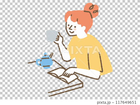 A woman drinking coffee and reading a book_Color 117649651