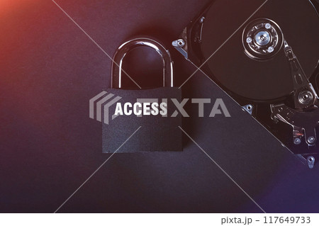 Saving user data. Hacking a password on a PC. Closing access to files. Hackers and secret data. HDD and key with lock. 117649733