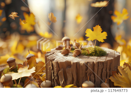木の実と切り株（黄葉の秋） 117649773