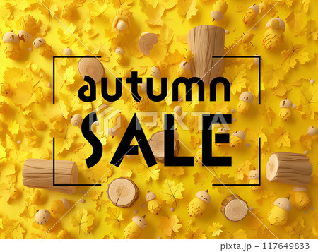 木の実と切り株（黄葉の秋）文字入り 117649833