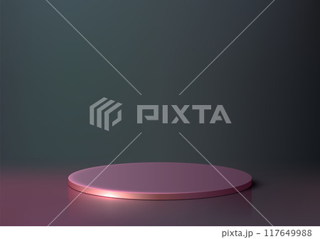 3D circular rose gold podium reflecting on a dark surface against a deep blue background, perfect for luxury product displays, modern mockups 117649988