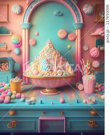 たくさんのお菓子で埋め尽くされたカラフルポップな部屋　ai生成画像 117650006