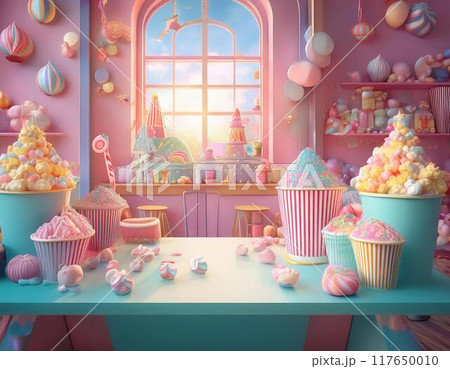部屋いっぱいのお菓子とカラフルポップな部屋　ai生成画像 117650010