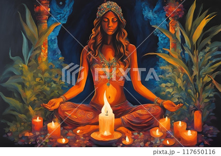 oil paint artistic image of beautiful woman in yoga pose all shakra colors glow around her she is surrounded oil paint artistic image of beautiful woman in yoga pose all shakra colors glow around her she is surrounded 117650116