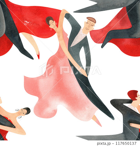 Ballroom dancing, standard. Adult couples on the parquet. Isolated watercolor illustration. Seamless pattern. White background 117650137