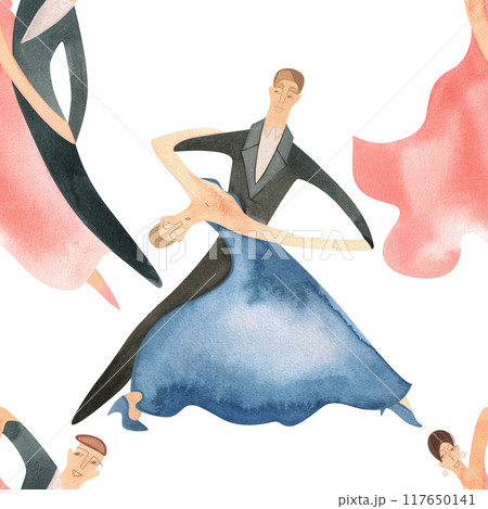 Ballroom dancing, standard. Adult couples on the parquet. Isolated watercolor illustration. Seamless pattern. White background 117650141