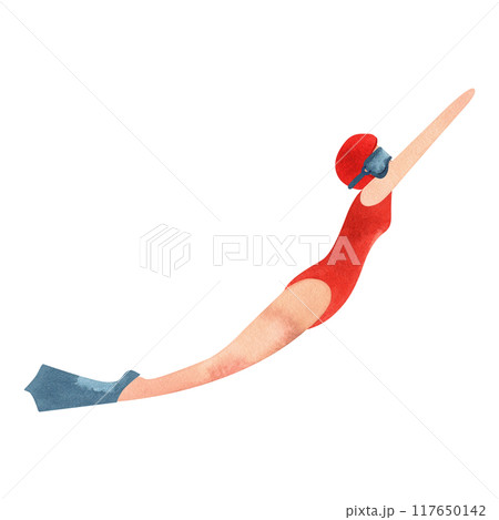 A woman swims underwater in fins and a mask. Watercolor isolated illustration for the design of diplomas and sports certificates, advertising of swimming pools, competitions and resorts. 117650142
