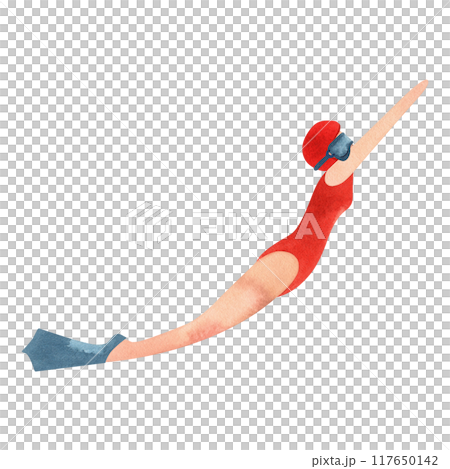 A woman swims underwater in fins and a mask. Watercolor isolated illustration for the design of diplomas and sports certificates, advertising of swimming pools, competitions and resorts. 117650142
