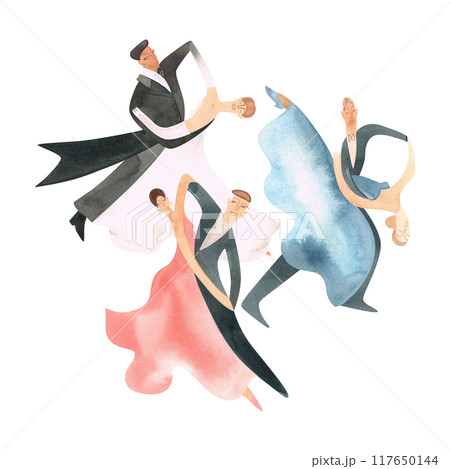 Ballroom dancing, standard. Adult couples on the parquet. Isolated watercolor illustration. Composition for a postcard, poster for competitions, performances, shows, balls, parties. 117650144