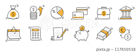 Money finance doodle hand drawn icon set. Finance business, money, bank sketch drawn cute trendy doodle icon. Business bank sketchy calculator, increase economic goal elements. Vector 117650538