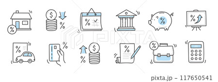Loan interest rate doodle icon set. Hand drawn sketch doodle line style bank money loan interest rate icon for house, car discount percentage concept. Trendy cute element. Vector Loan interest rate doodle icon set. Hand drawn sketch doodle line style bank money loan interest rate icon for house, car discount percentage concept. Trendy cute element. Vector 117650541