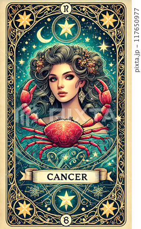 A woman with a crab on her head and the word Cancer written below her 117650977