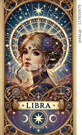 A woman with a crown on her head and the word LIBRA written below her 117650979